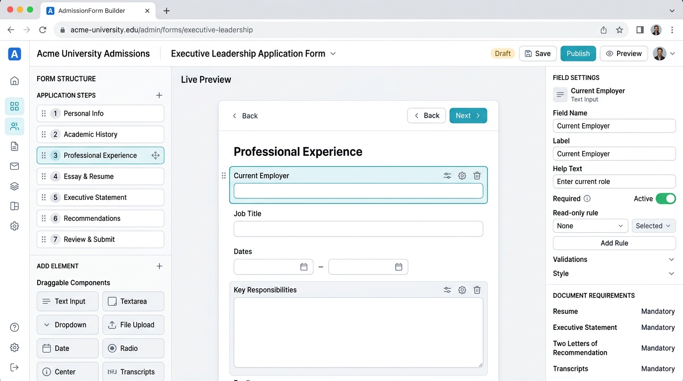 Form builder: steps, fields, rules