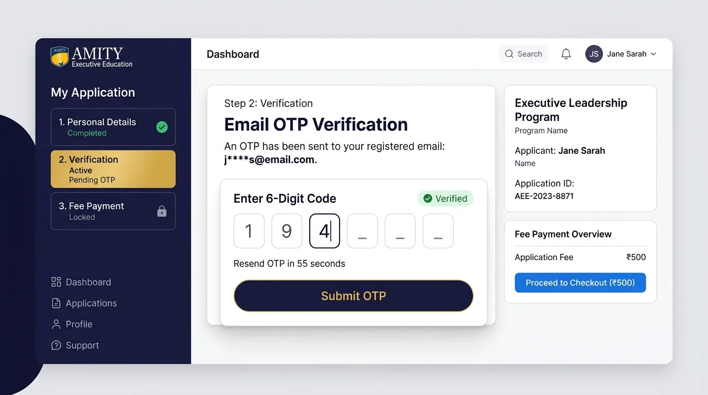 Illustrative screen with sample data: apply form with OTP-verified email
