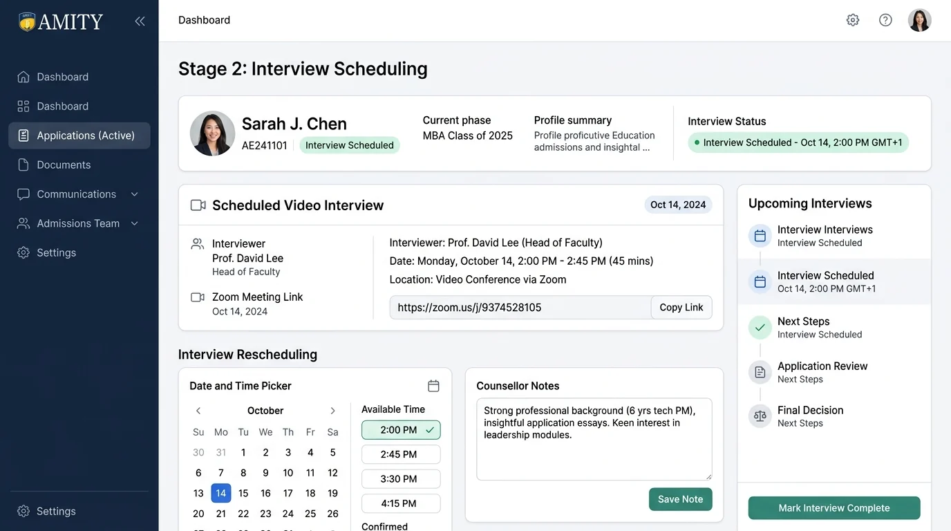 Illustrative screen with sample data: interview scheduled panel