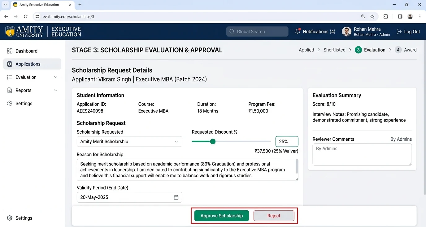 Illustrative screen with sample data: scholarship request and approval