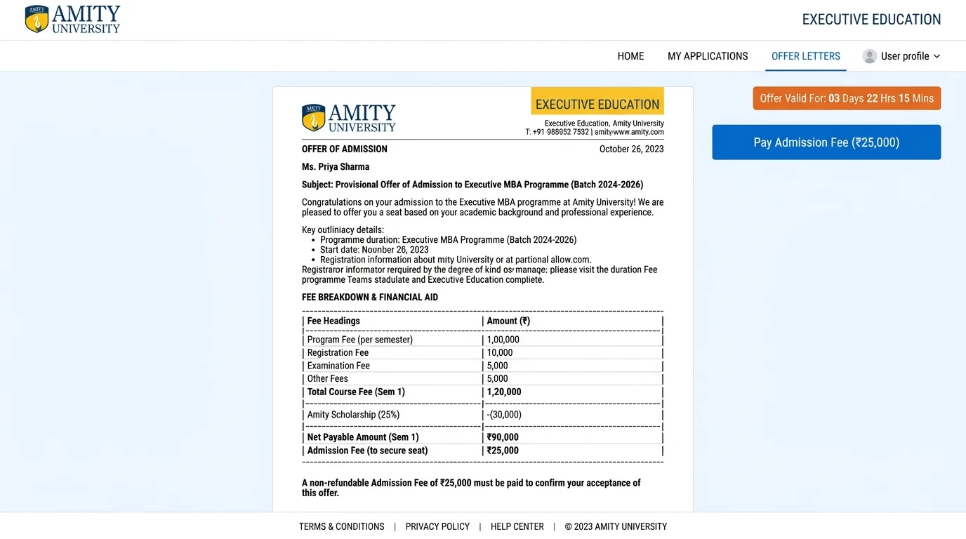 Illustrative screen with sample data: offer letter page with Pay button