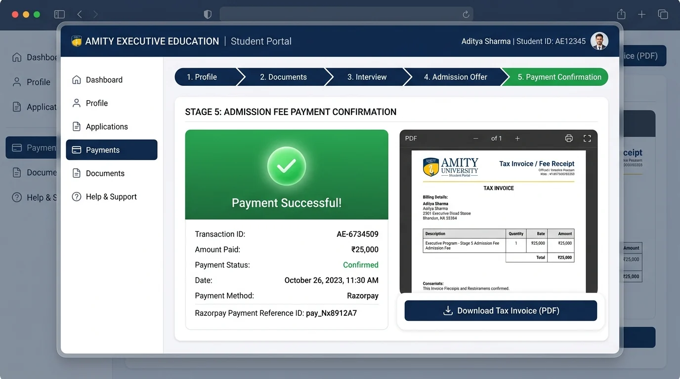 Illustrative screen with sample data: admission fee payment and invoice