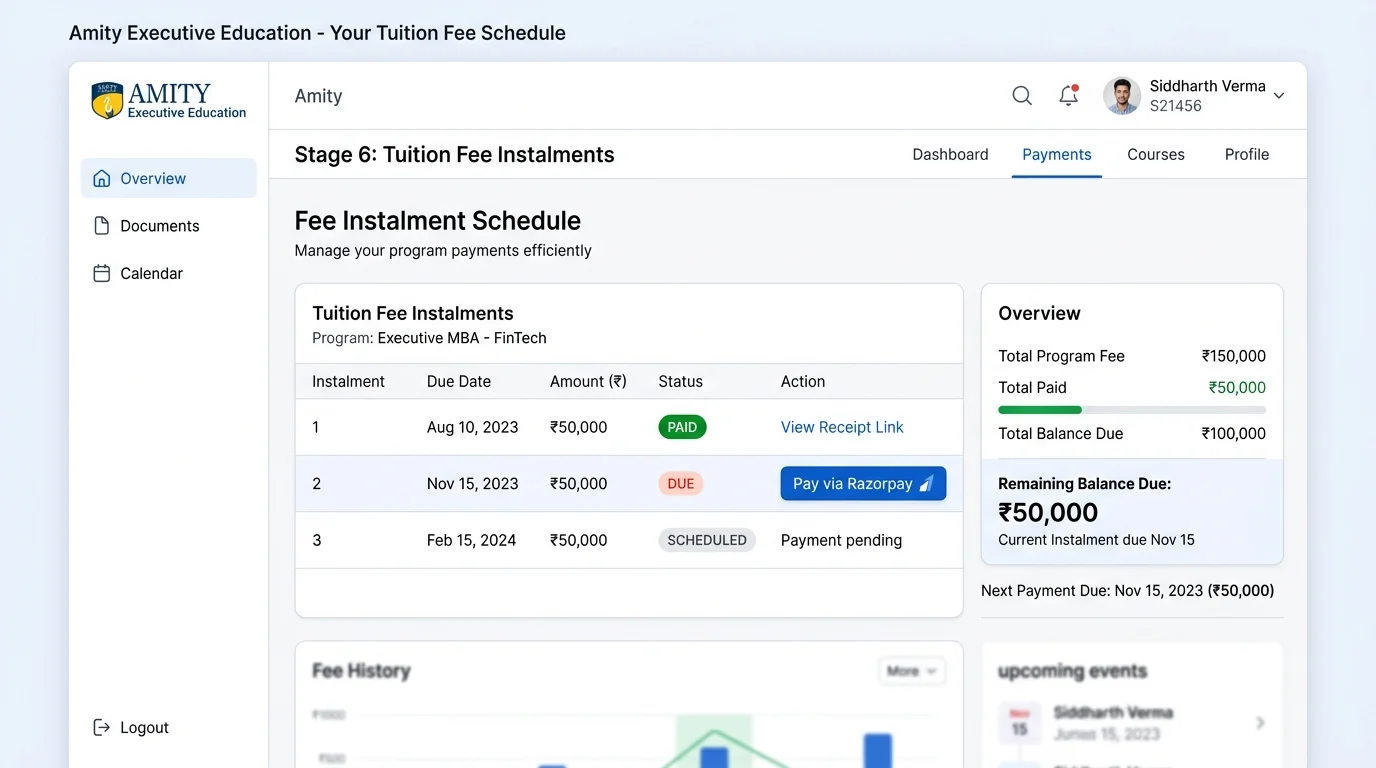 Illustrative screen with sample data: instalment plan with payment links