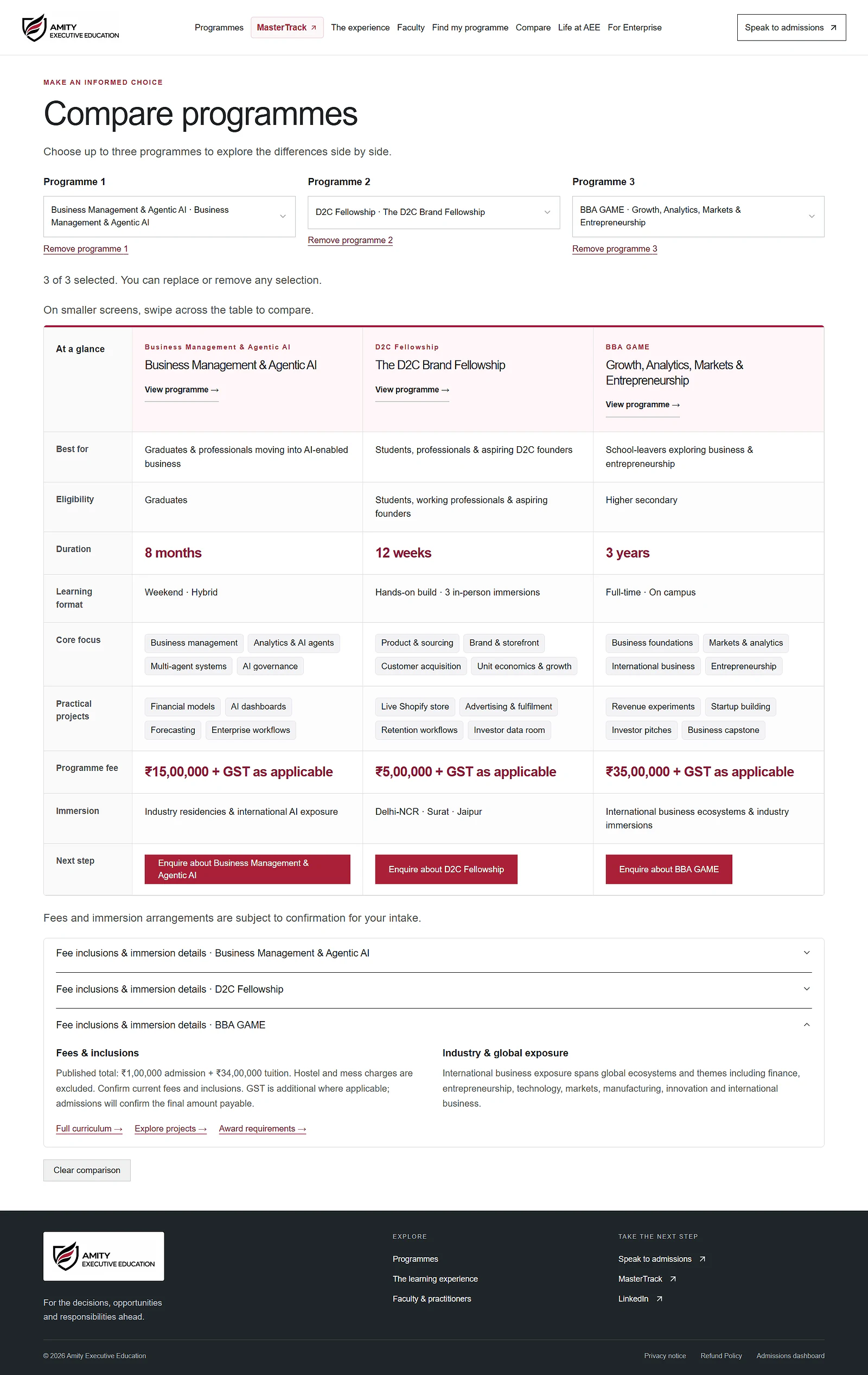Compare programmes page showing three programmes side by side