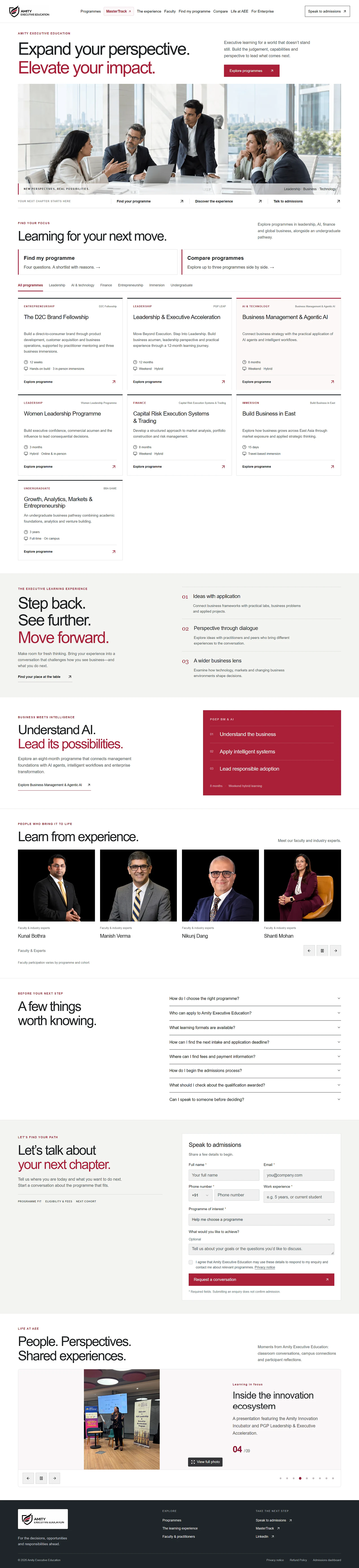 New Amity Executive Education homepage on Next.js: light editorial design, programme finder, compare, faculty and a consent-first enquiry form