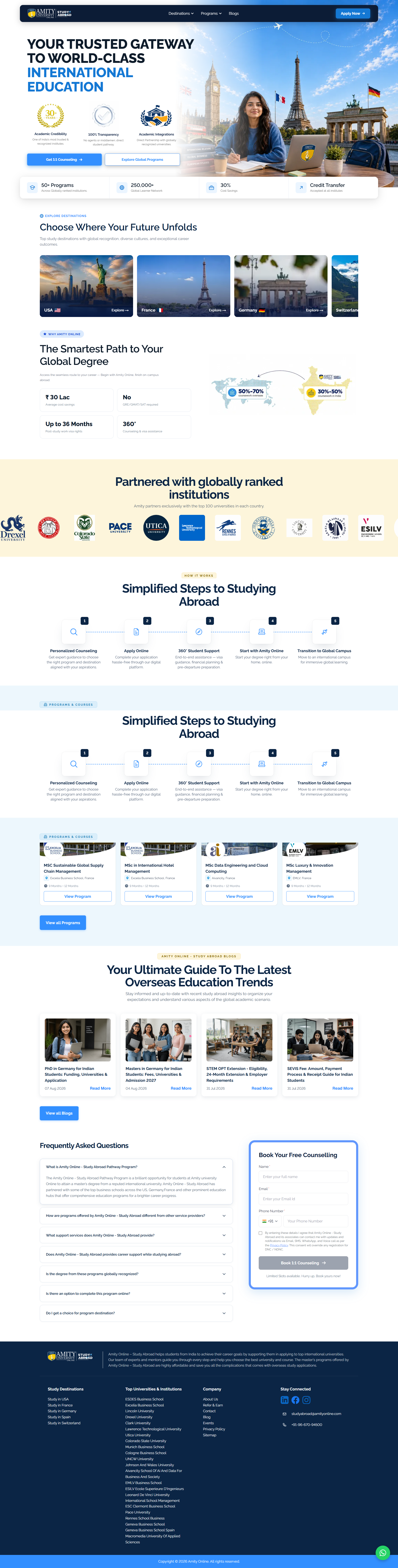 Amity Online Study Abroad homepage with destinations, partner universities, five-step pathway and counselling form