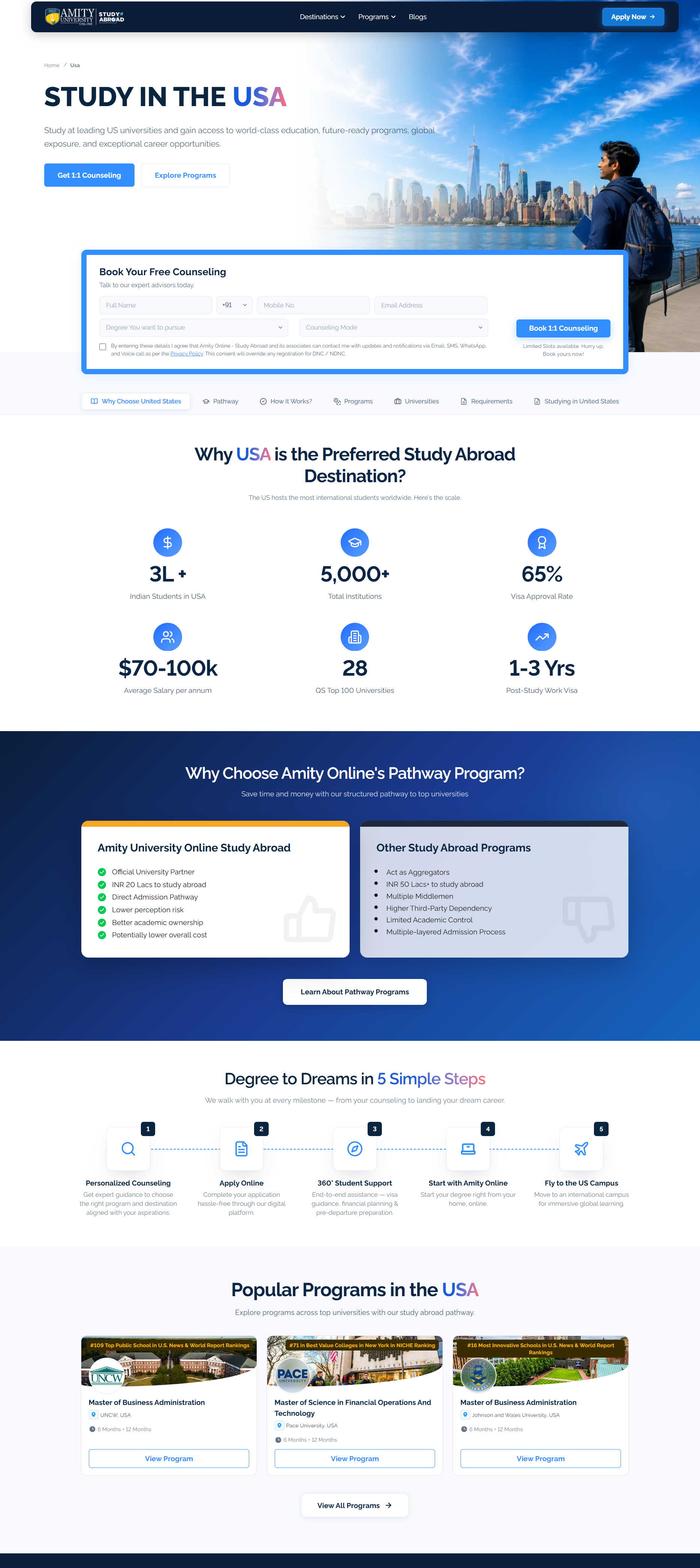 Study in the USA page with a Book Your Free Counseling form, country facts, pathway comparison, five steps and popular programmes
