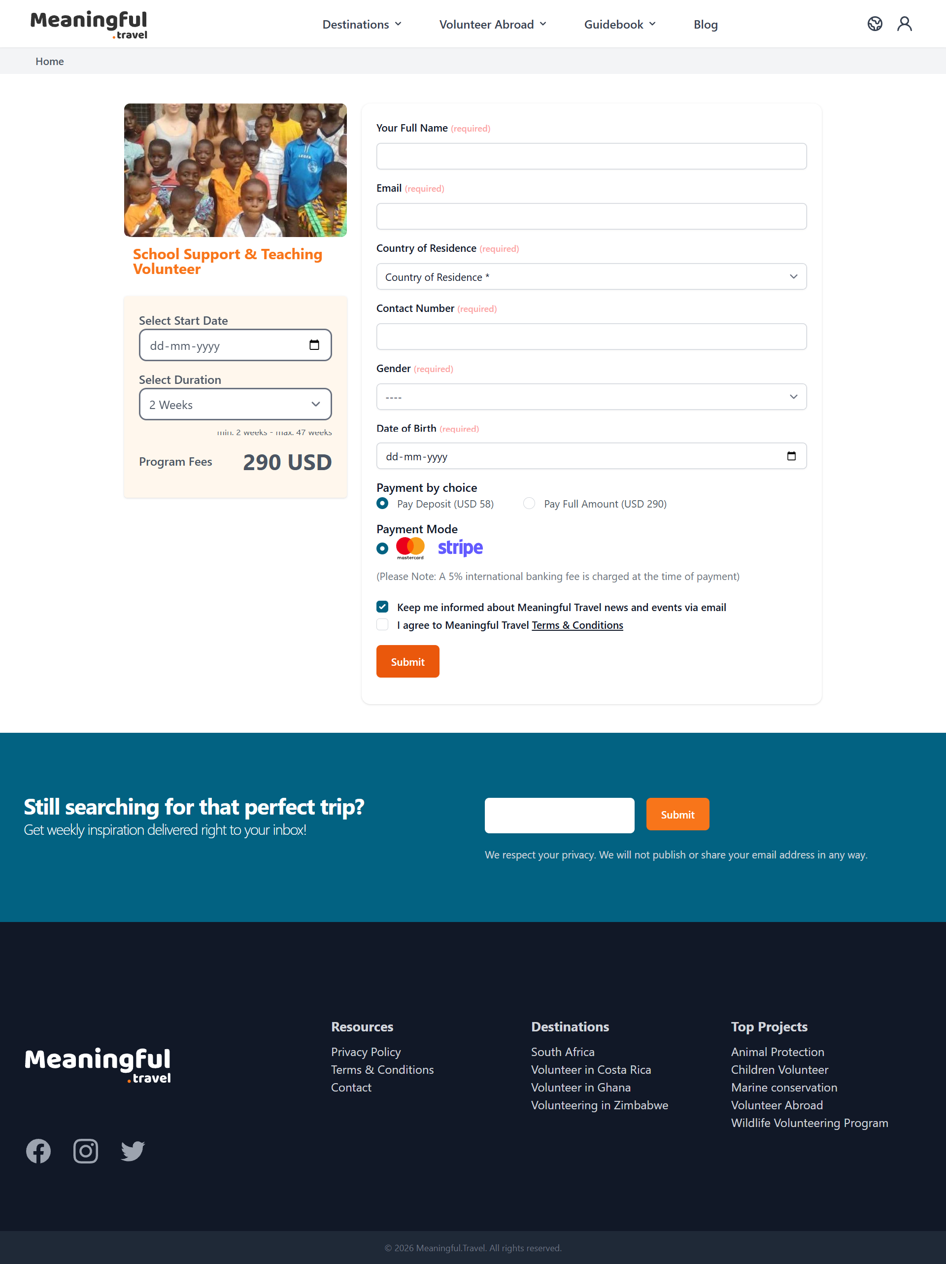 Application form with live program fee and Stripe payment