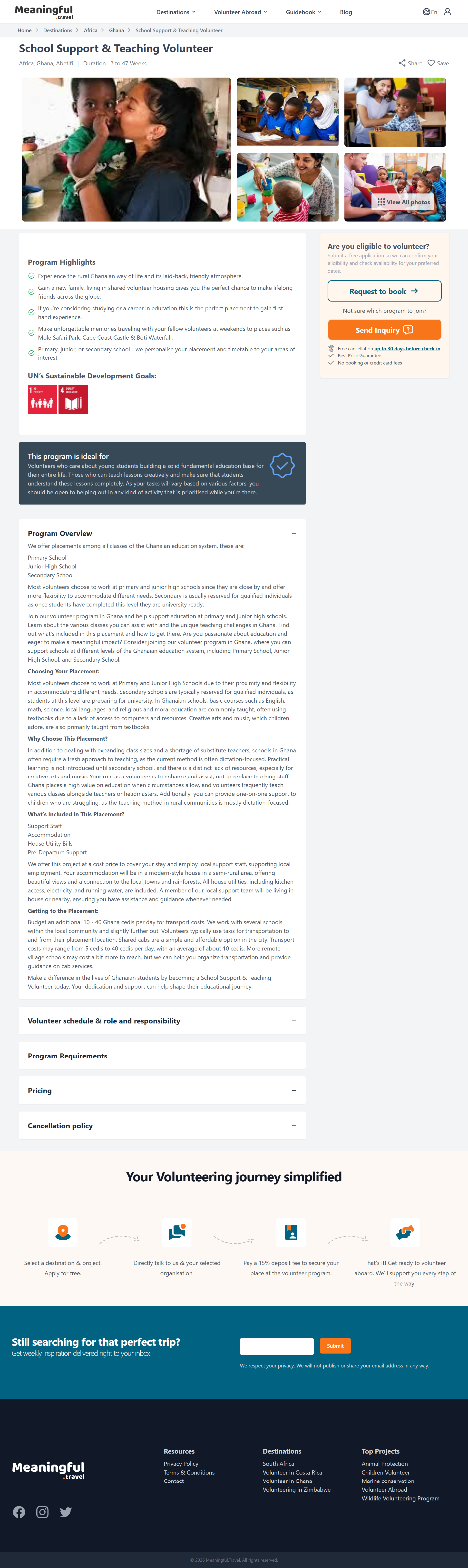 School Support and Teaching Volunteer program page with gallery, highlights, overview and booking box