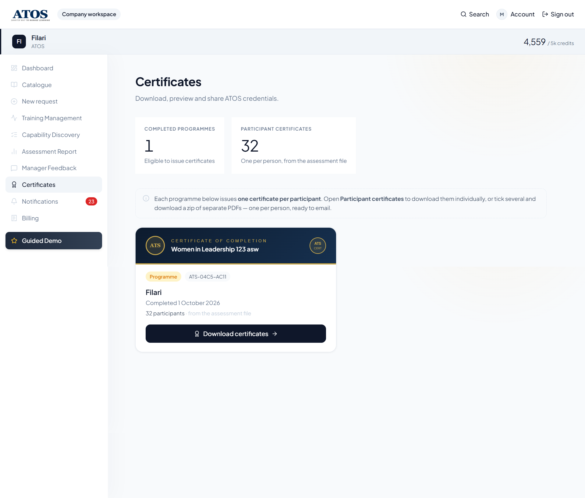 Certificates page issuing one certificate per participant from the assessment file