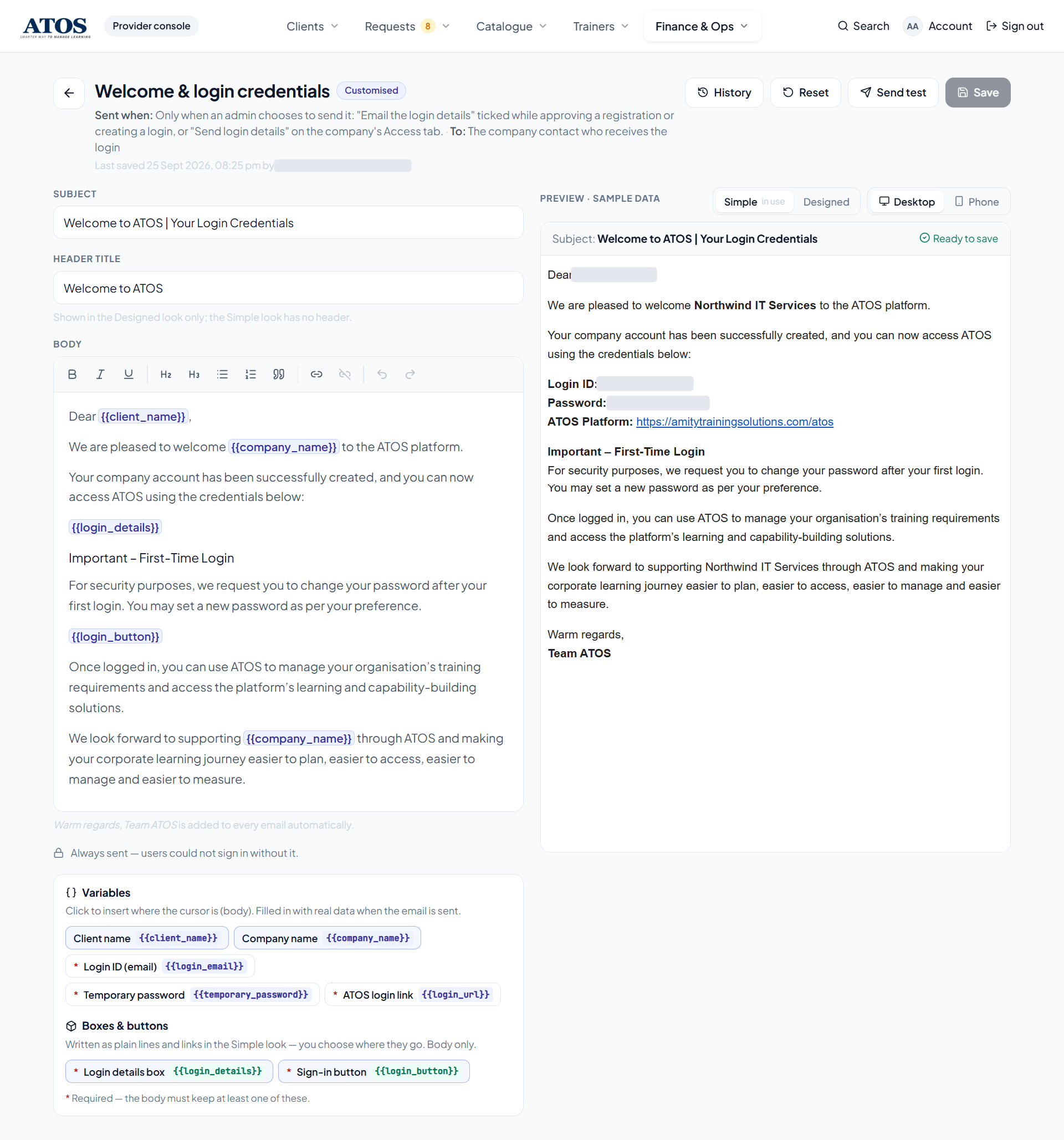 Email manager: welcome and login email template with variables and live preview