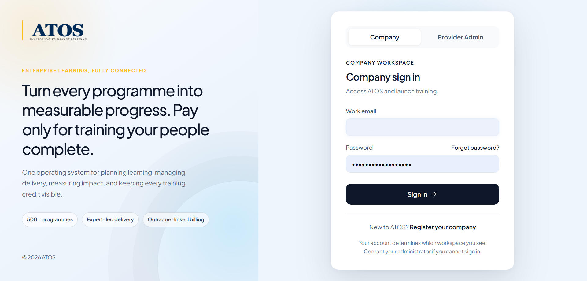 ATOS sign-in with separate company and provider admin workspaces