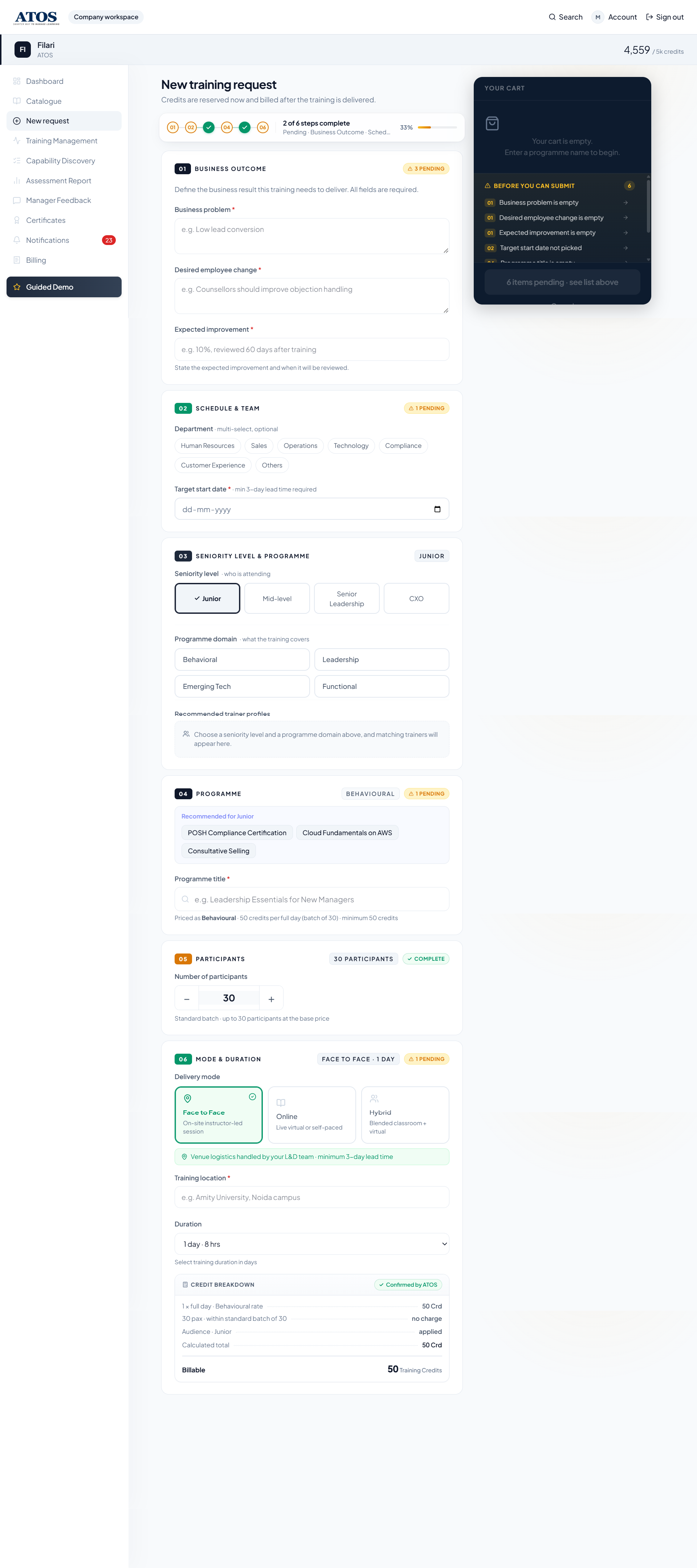 New training request form: business outcome, schedule, seniority, programme, participants, delivery mode and credit breakdown