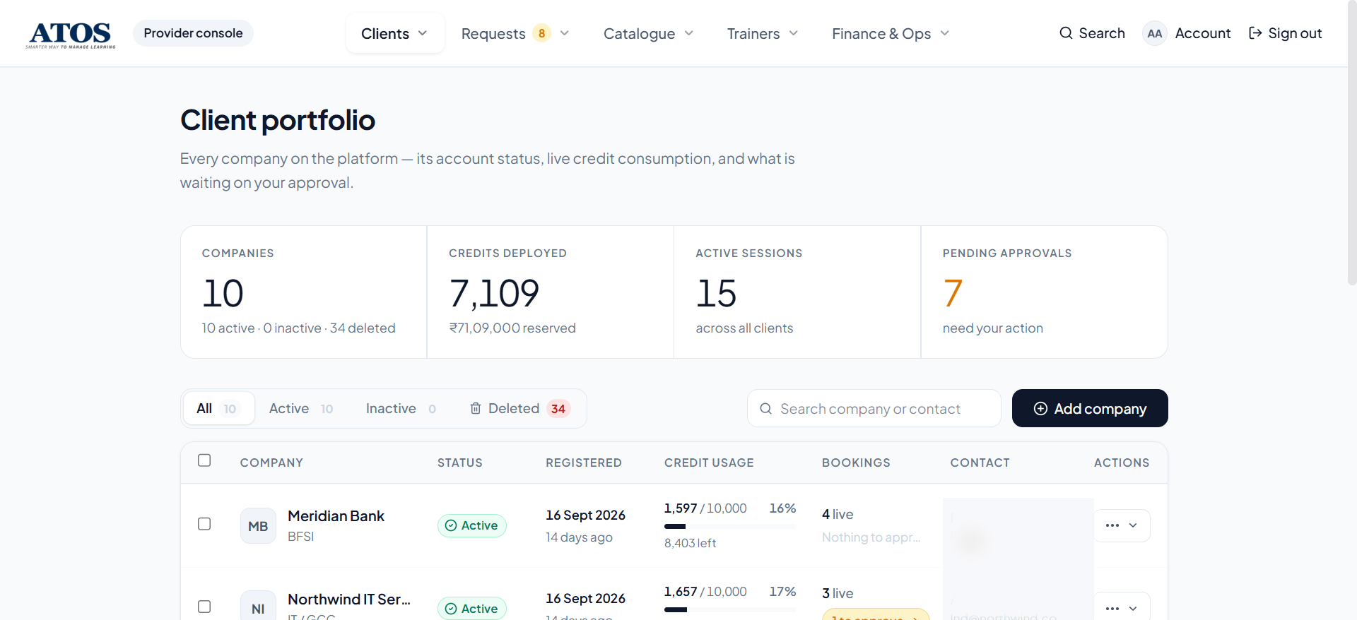 Provider console client portfolio with companies, credit usage, bookings and pending approvals