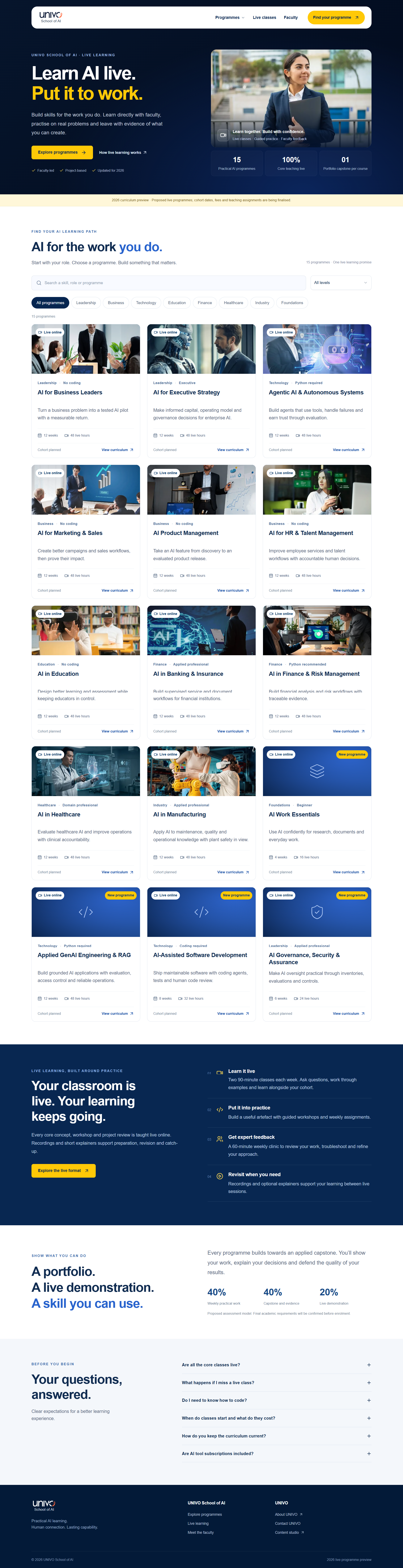 UNIVO School of AI home page with all 15 programmes
