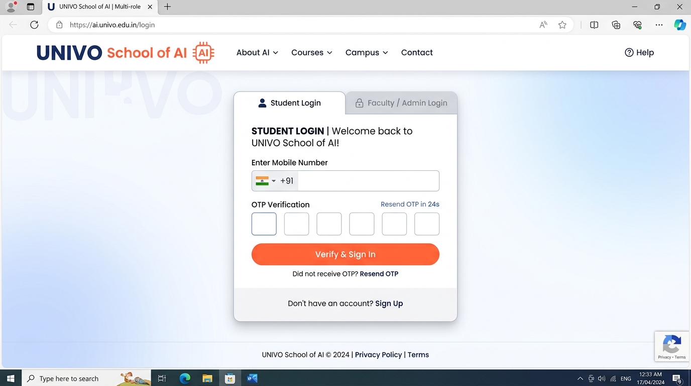 Student and faculty multi-role login portal with mobile OTP verification