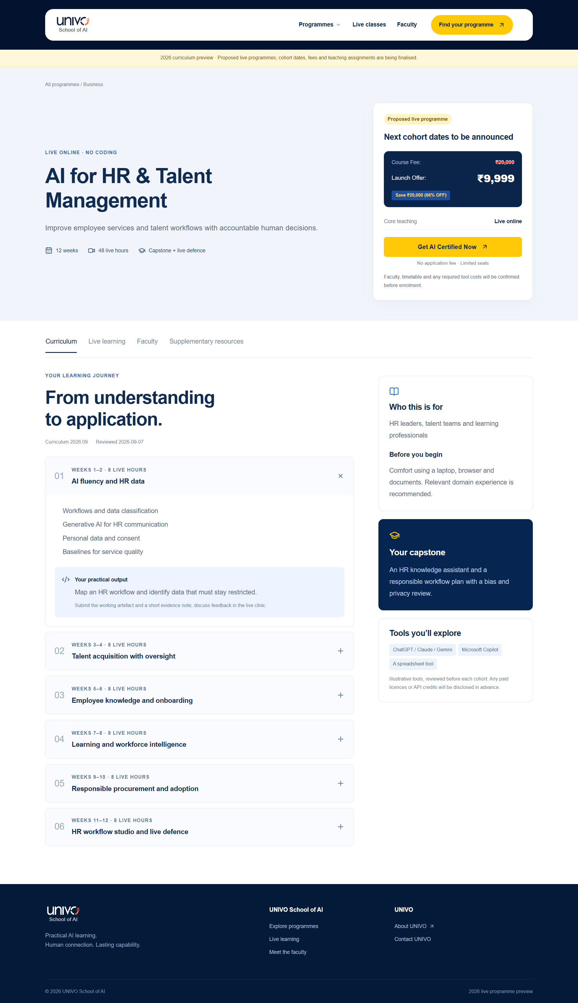 AI for HR and Talent Management programme page with curriculum