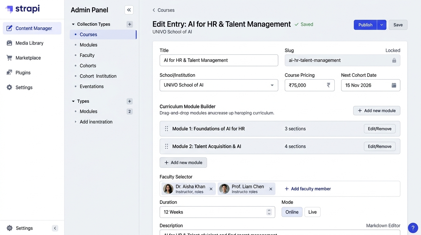 Strapi 5 admin panel: editing an AI course for UNIVO School of AI
