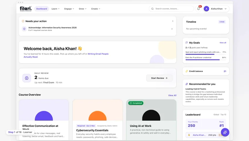 Filari AI LXP guided tour: learner dashboard to compliance admin in under 3 minutes