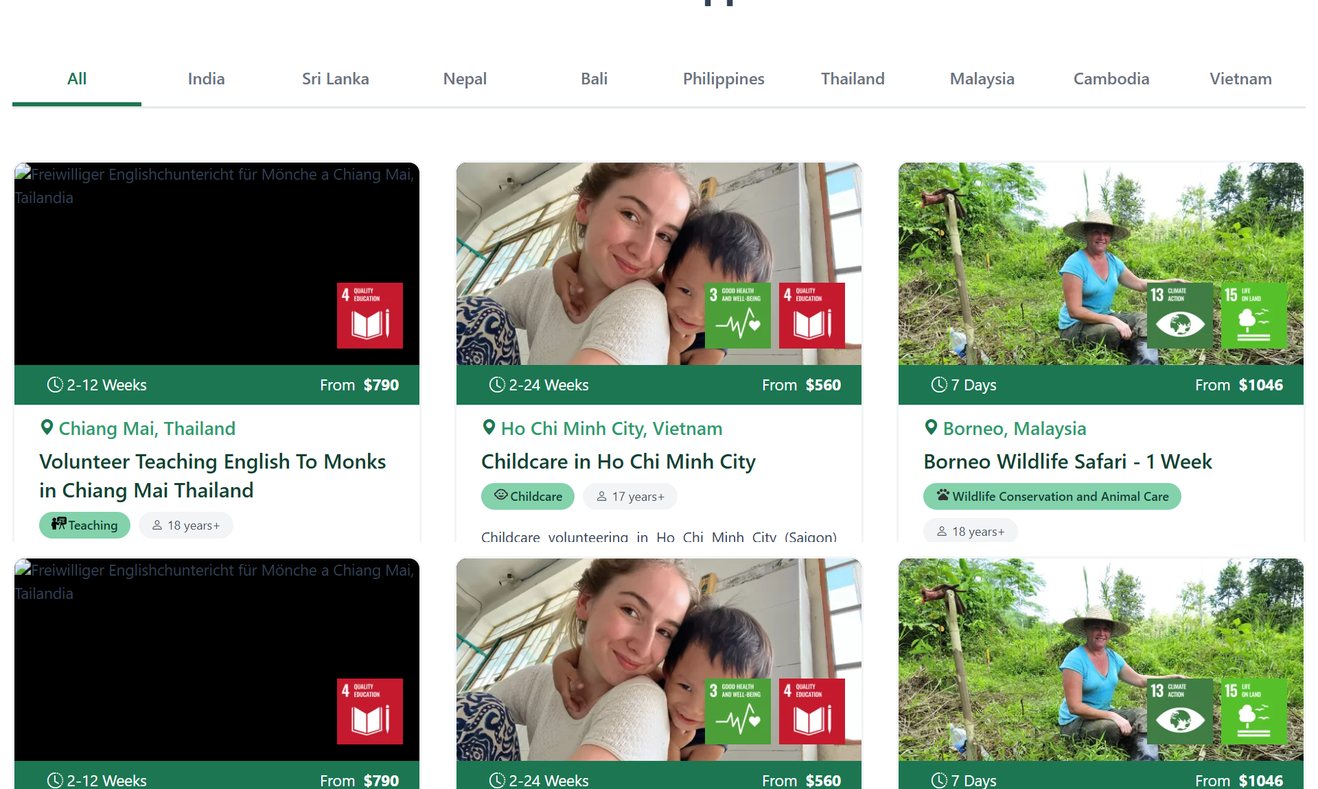 Volunteer in Asia page with country tabs and programme cards showing duration and price