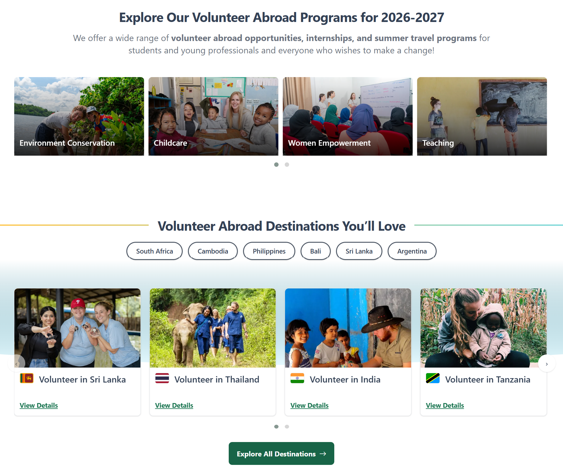 Programme types and destination cards on the homepage