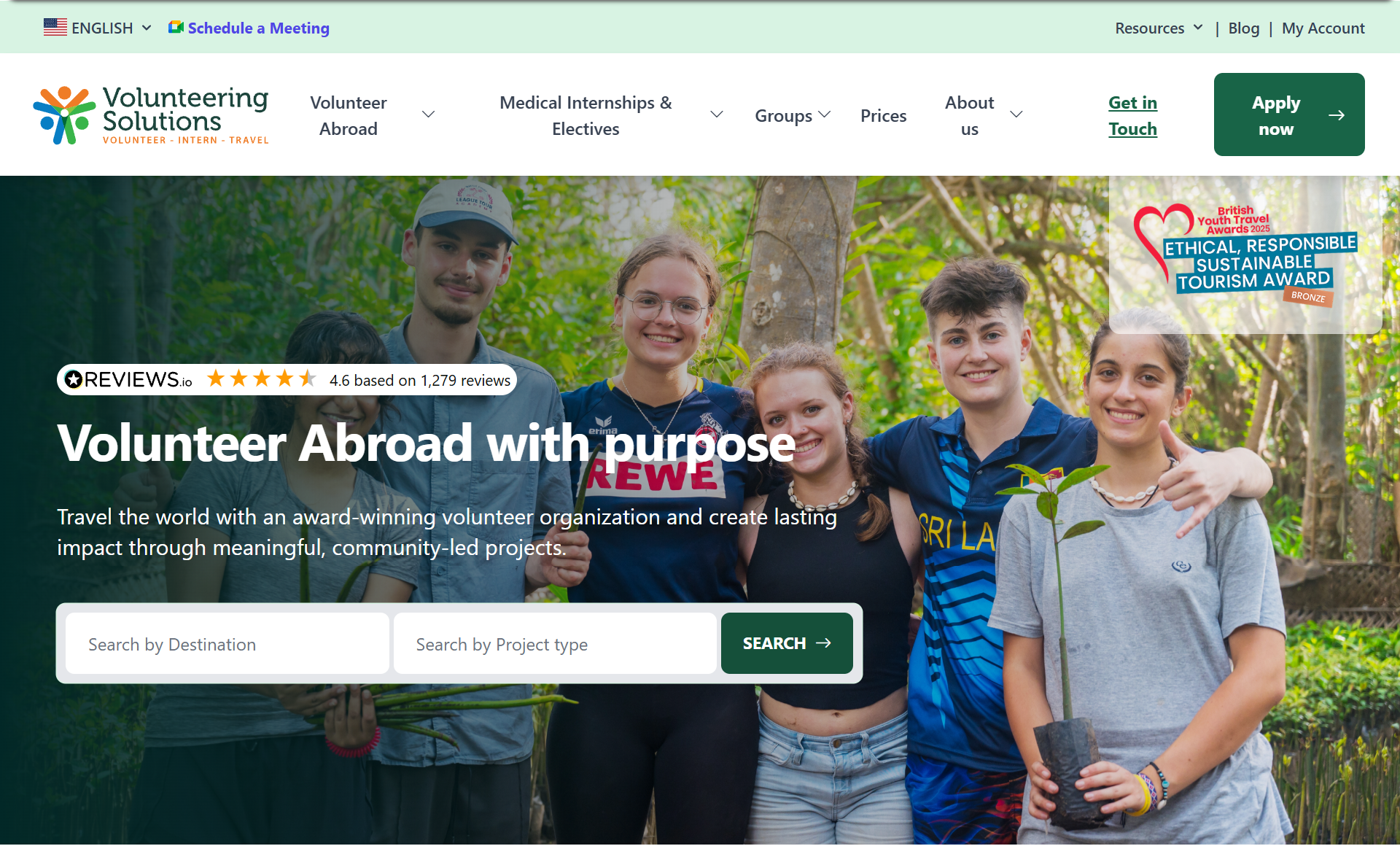 Volunteering Solutions homepage: Volunteer Abroad with purpose, with search by destination and project type